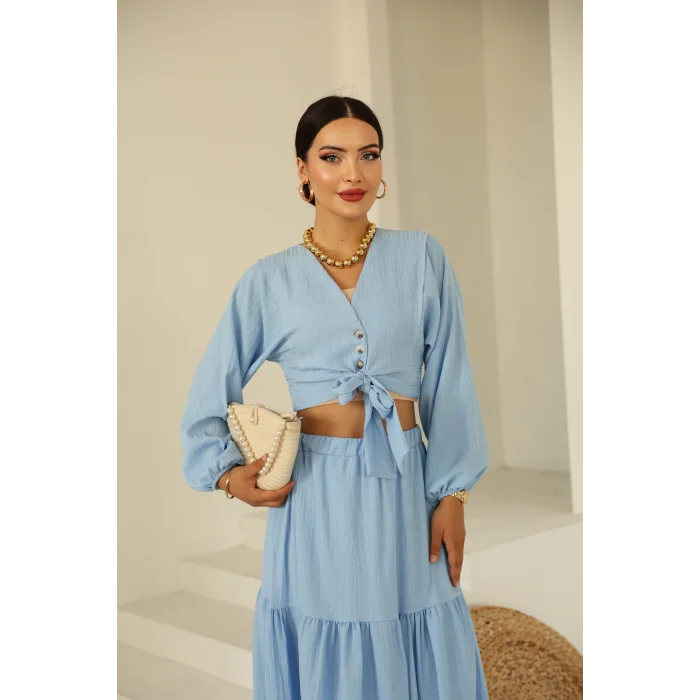 Bağlamalı Bürümcük Etek Takım Bebe Mavi