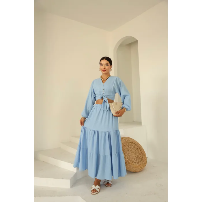 Bağlamalı Bürümcük Etek Takım Bebe Mavi