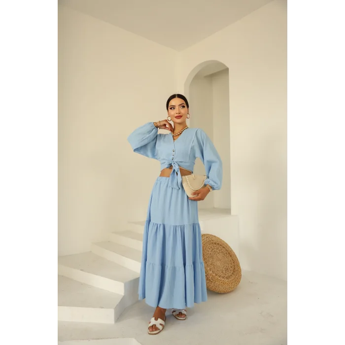 Bağlamalı Bürümcük Etek Takım Bebe Mavi