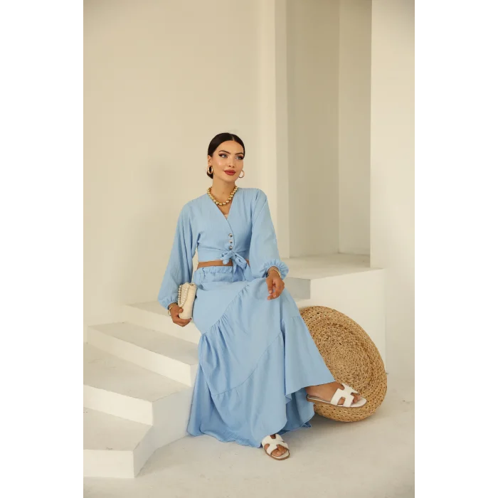 Bağlamalı Bürümcük Etek Takım Bebe Mavi