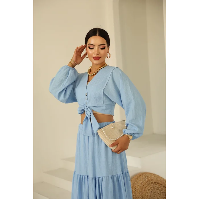 Bağlamalı Bürümcük Etek Takım Bebe Mavi