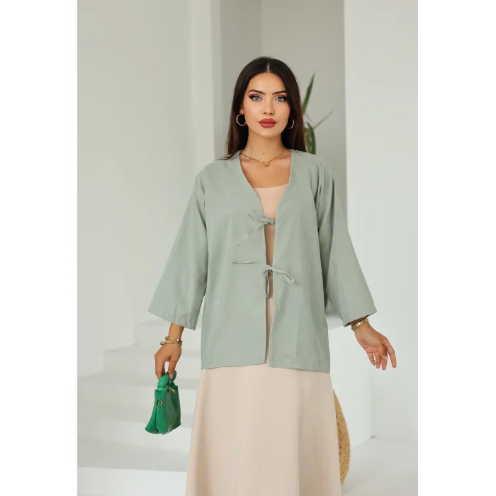 Çift Bağlamalı Uzun Kimono Çağla