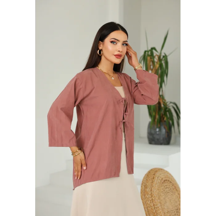 Çift Bağlamalı Uzun Kimono Pembe
