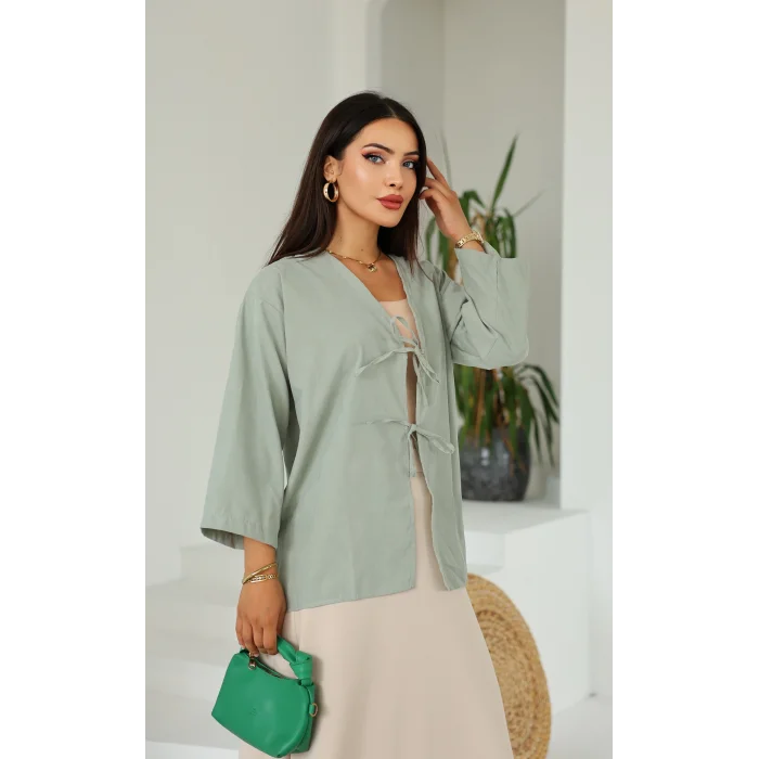 Çift Bağlamalı Uzun Kimono Çağla