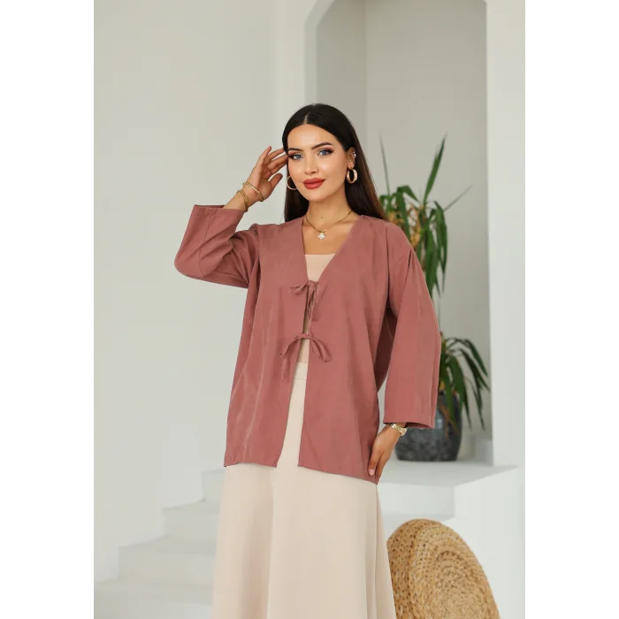 Çift Bağlamalı Uzun Kimono Pembe