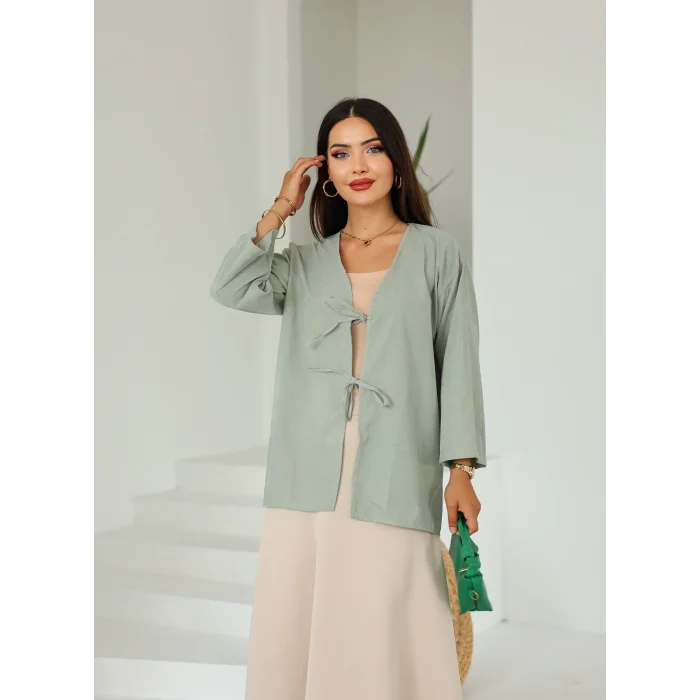 Çift Bağlamalı Uzun Kimono Çağla