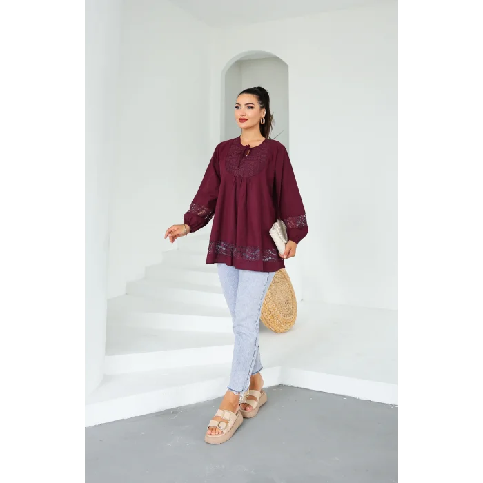 Dantel Detaylı Tunik Bordo