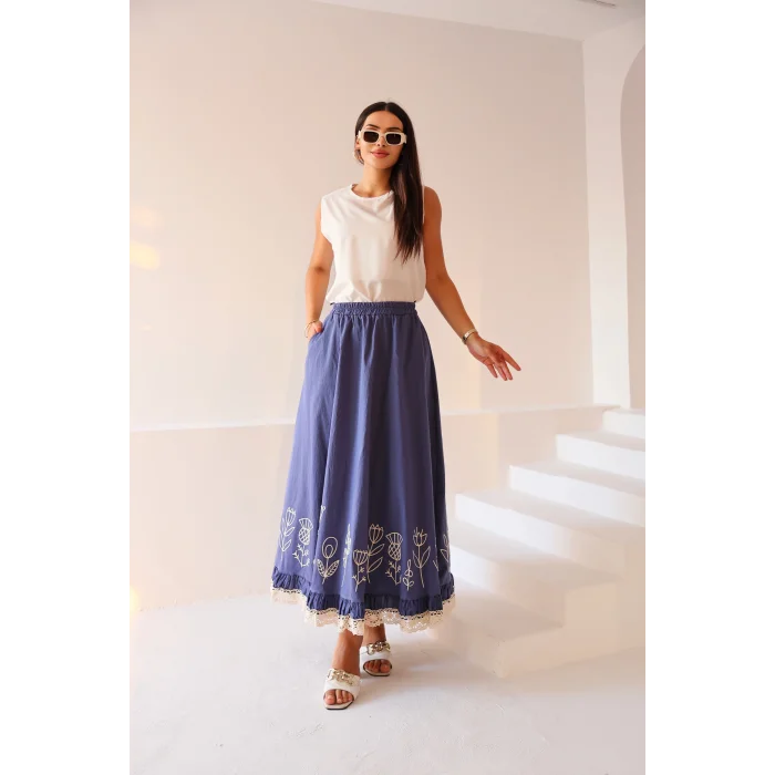 Fisto ve Nakış Detaylı Etek İndigo