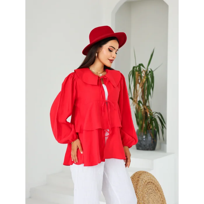 İp Bağcıklı Kat Kat Kimono Kırmızı