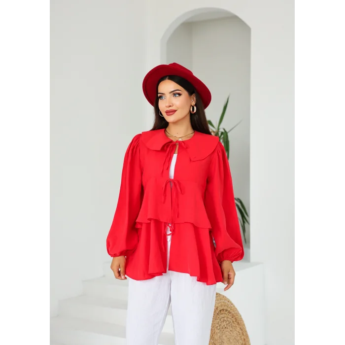 İp Bağcıklı Kat Kat Kimono Kırmızı