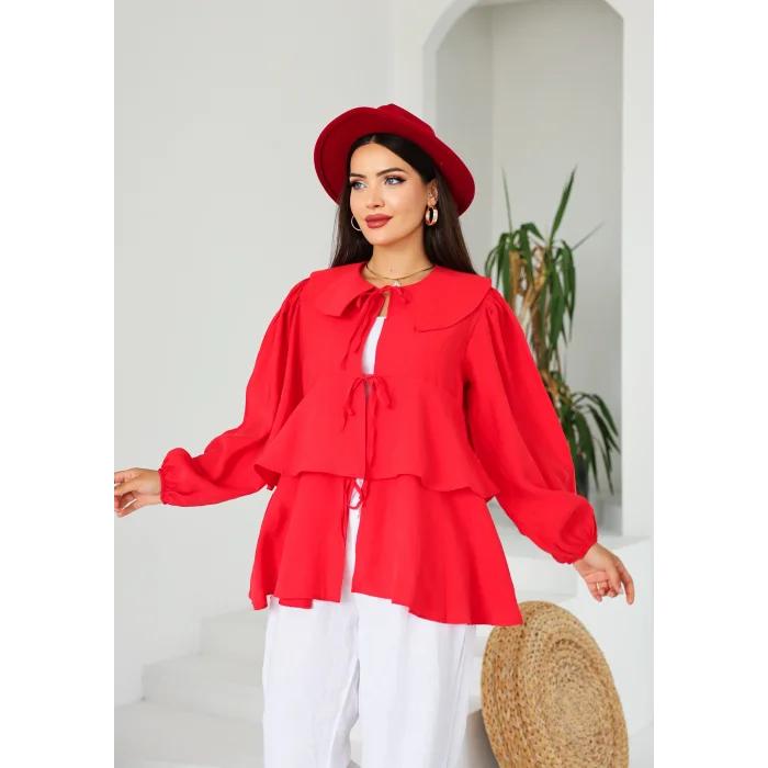 İp Bağcıklı Kat Kat Kimono Kırmızı