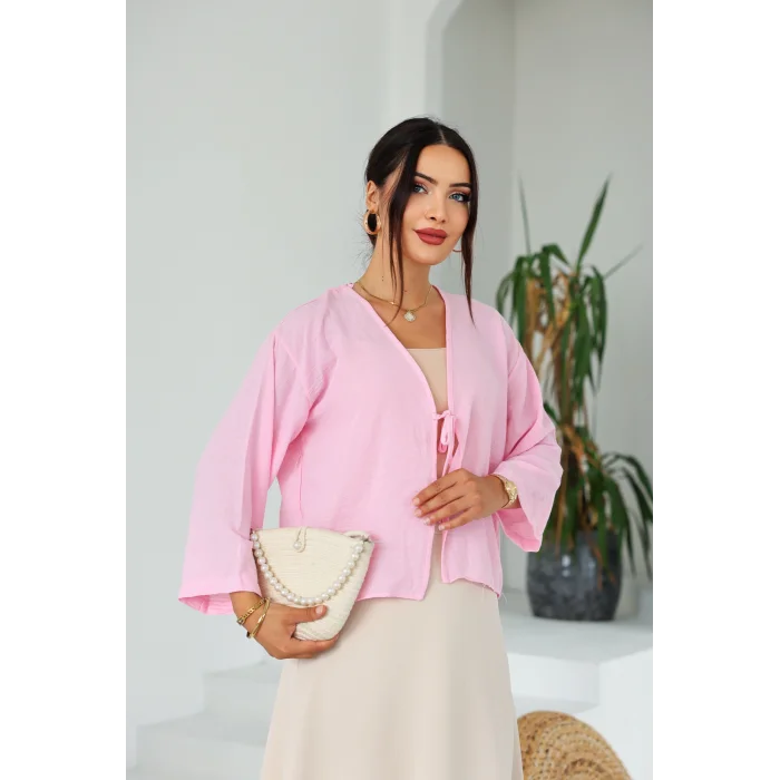 Keten Kısa Kimono Pembe