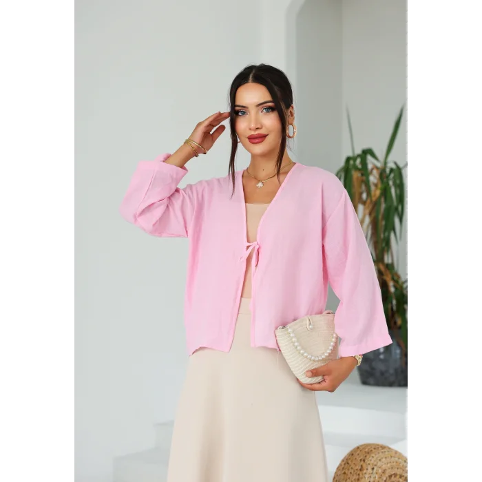 Keten Kısa Kimono Pembe
