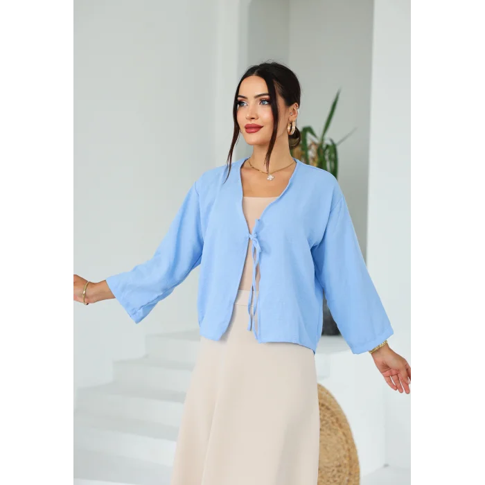 Keten Kısa Kimono Bebe Mavi