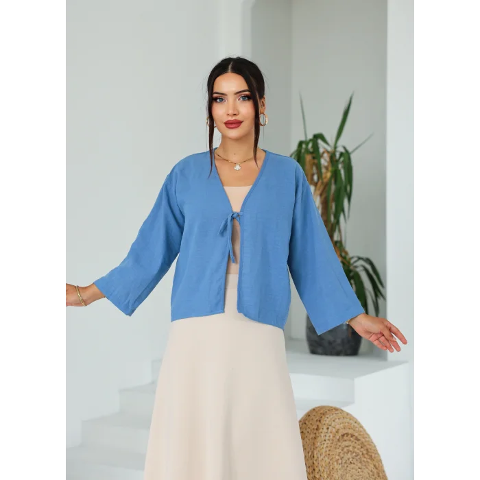 Keten Kısa Kimono Mavi