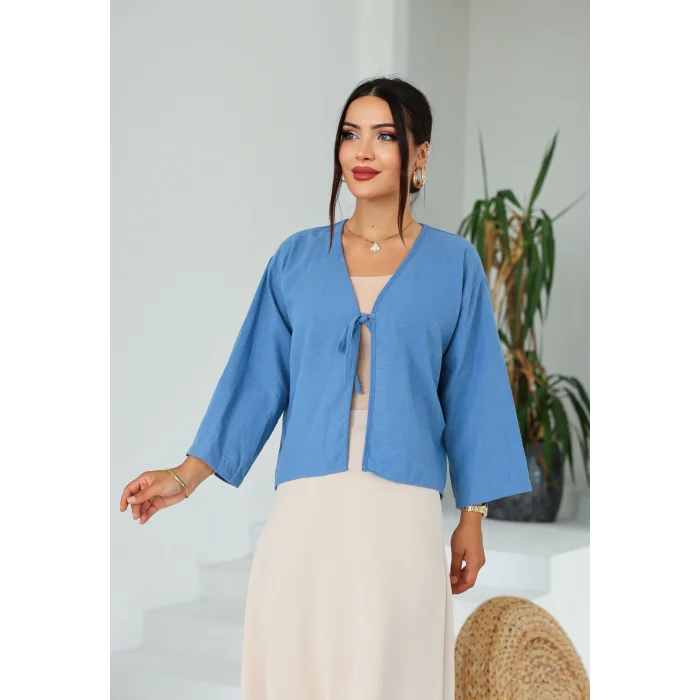 Keten Kısa Kimono Mavi