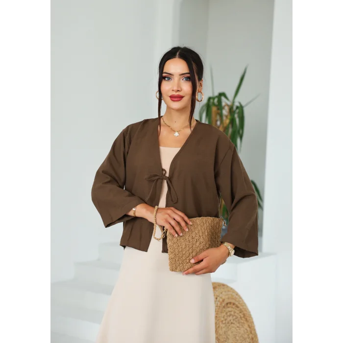 Keten Kısa Kimono Acı Kahve