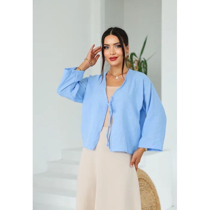 Keten Kısa Kimono Bebe Mavi