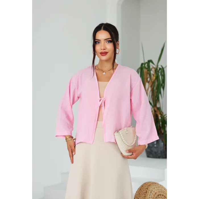 Keten Kısa Kimono Pembe