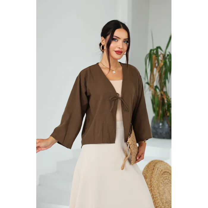 Keten Kısa Kimono Acı Kahve