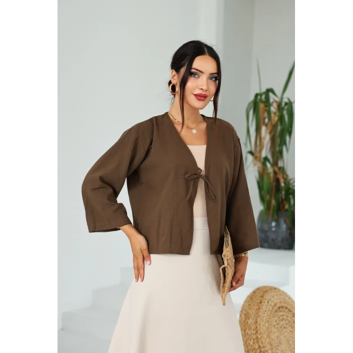Keten Kısa Kimono Acı Kahve
