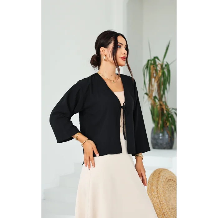 Keten Kısa Kimono Siyah