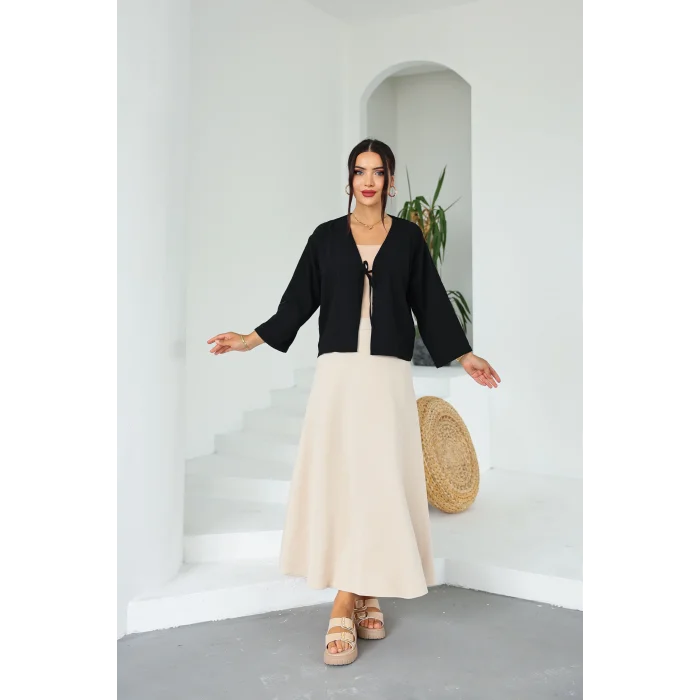 Keten Kısa Kimono Siyah