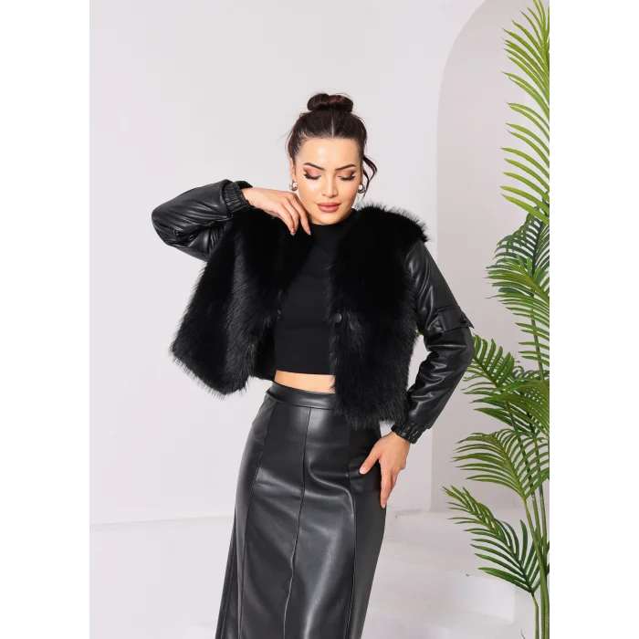 Kolu Cep Detaylı Deri&Kürk Ceket Siyah