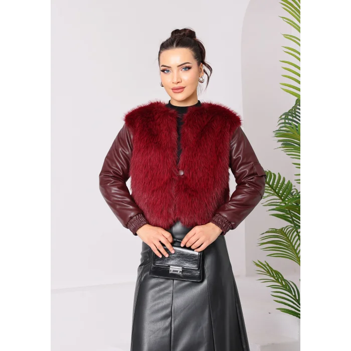 Kolu Cep Detaylı Deri&kürk Ceket Bordo