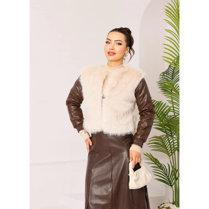 Kolu Cep Detaylı Deri&Kürk Ceket Krem