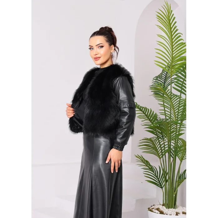 Kolu Cep Detaylı Deri&Kürk Ceket Siyah