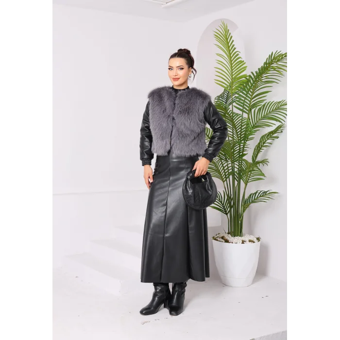 Kolu Cep Detaylı Deri&Kürk Ceket Gri