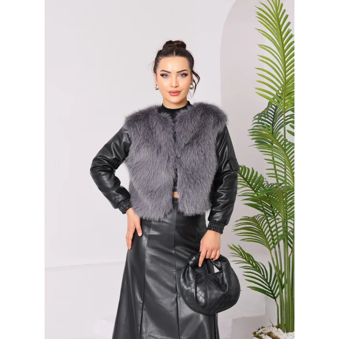 Kolu Cep Detaylı Deri&Kürk Ceket Gri