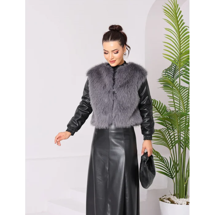 Kolu Cep Detaylı Deri&Kürk Ceket Gri