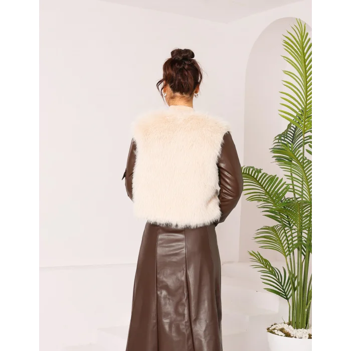 Kolu Cep Detaylı Deri&Kürk Ceket Krem