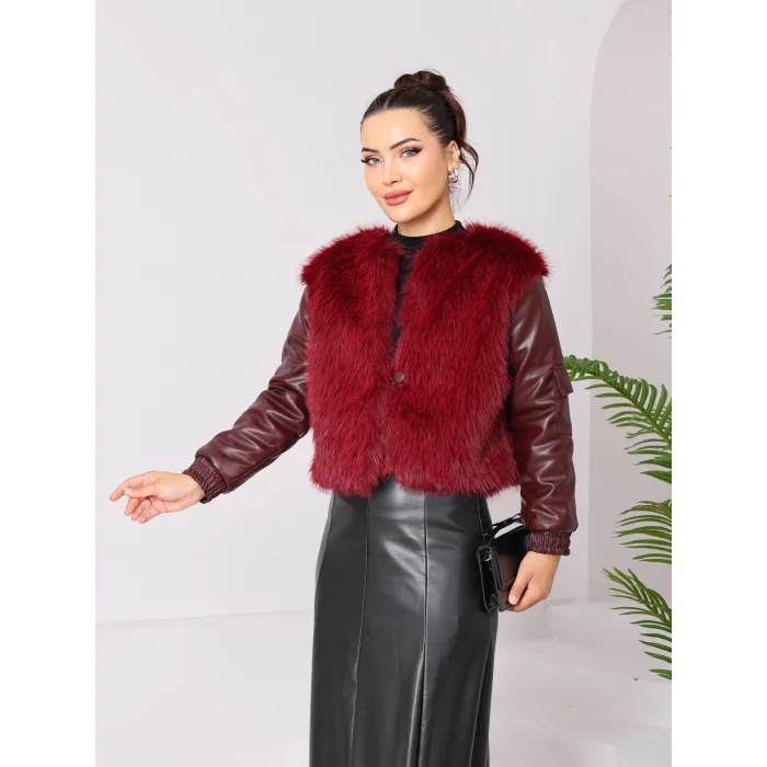 Kolu Cep Detaylı Deri&kürk Ceket Bordo