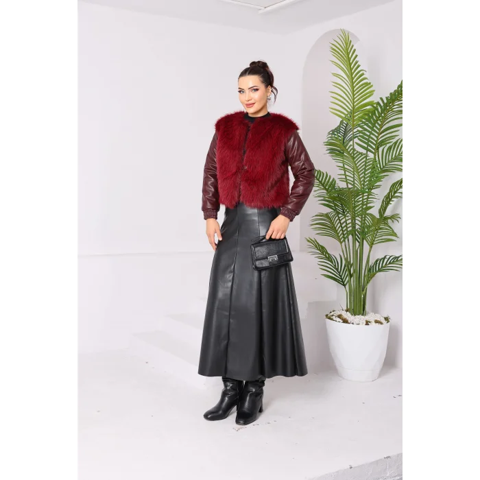 Kolu Cep Detaylı Deri&kürk Ceket Bordo