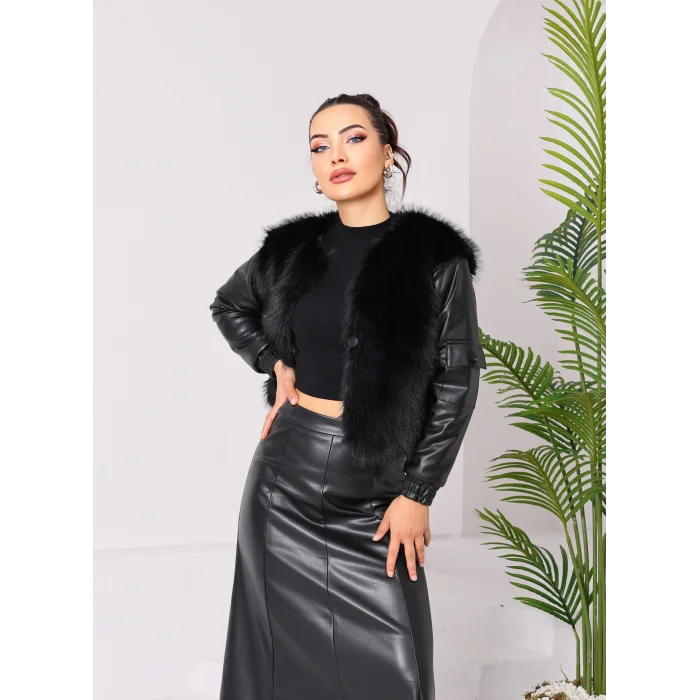 Kolu Cep Detaylı Deri&Kürk Ceket Siyah