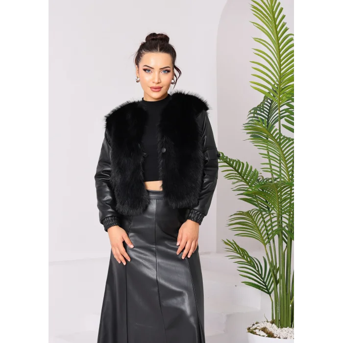 Kolu Cep Detaylı Deri&Kürk Ceket Siyah