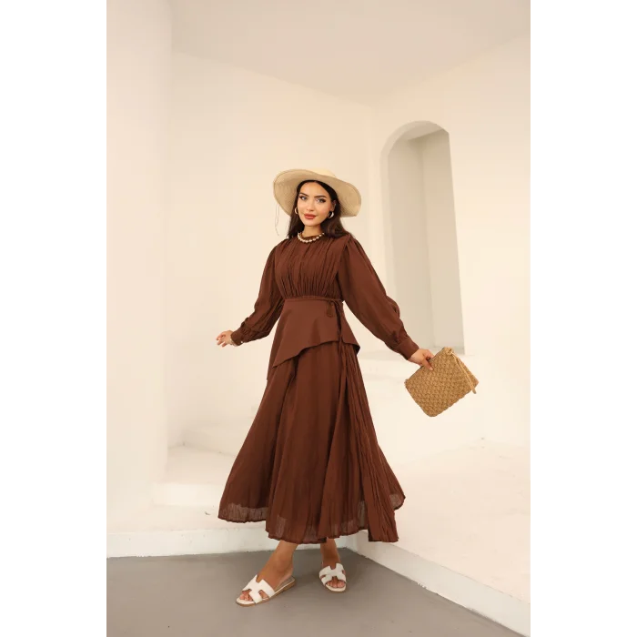 Kraşlı Vual Elbise Acı Kahve