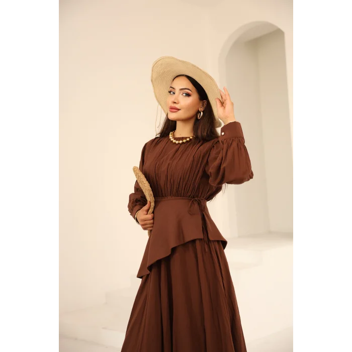 Kraşlı Vual Elbise Acı Kahve