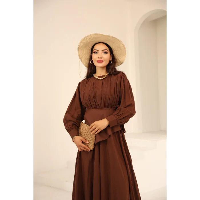 Kraşlı Vual Elbise Acı Kahve