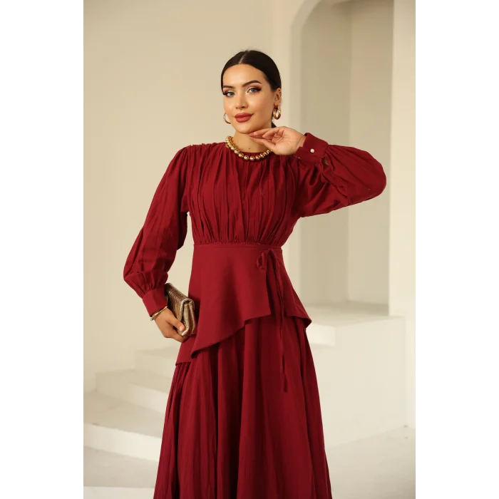 Kraşlı Vual Elbise Bordo