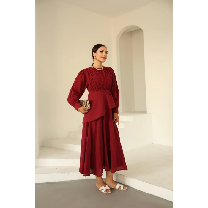 Kraşlı Vual Elbise Bordo