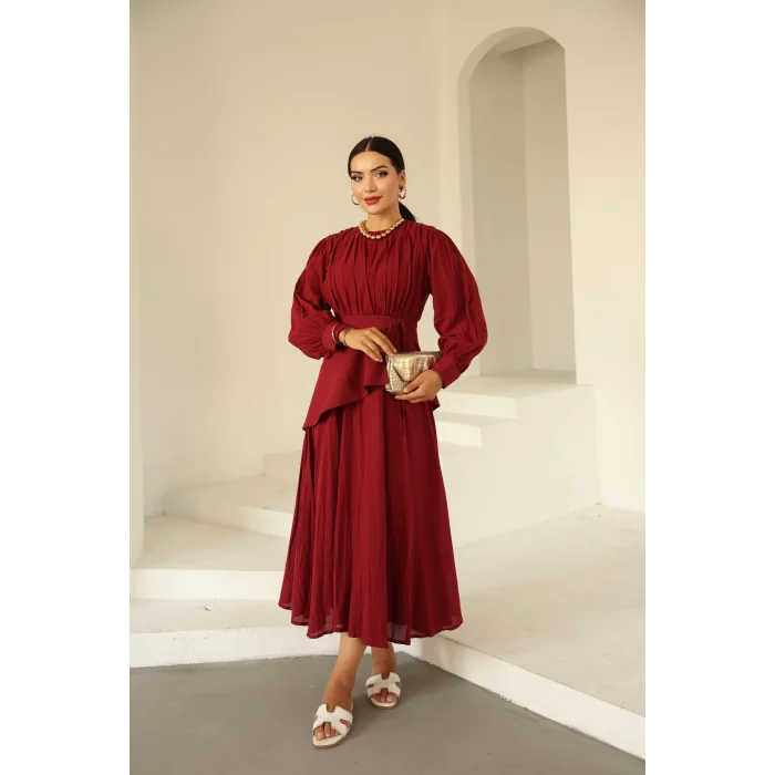 Kraşlı Vual Elbise Bordo