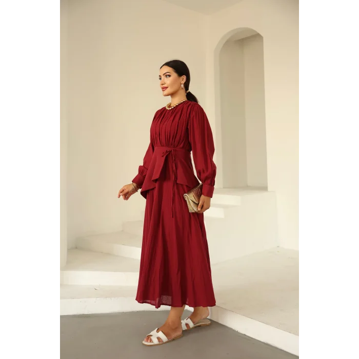 Kraşlı Vual Elbise Bordo