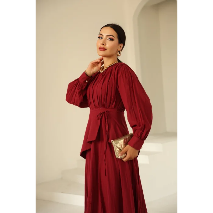 Kraşlı Vual Elbise Bordo