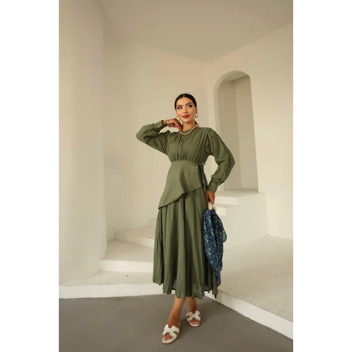 Kraşlı Vual Elbise Haki