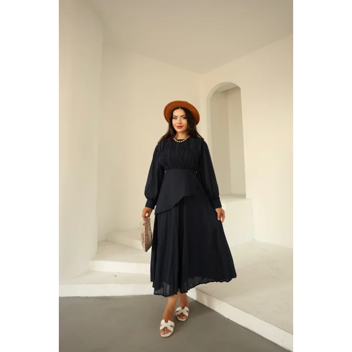 Kraşlı Vual Elbise Lacivert