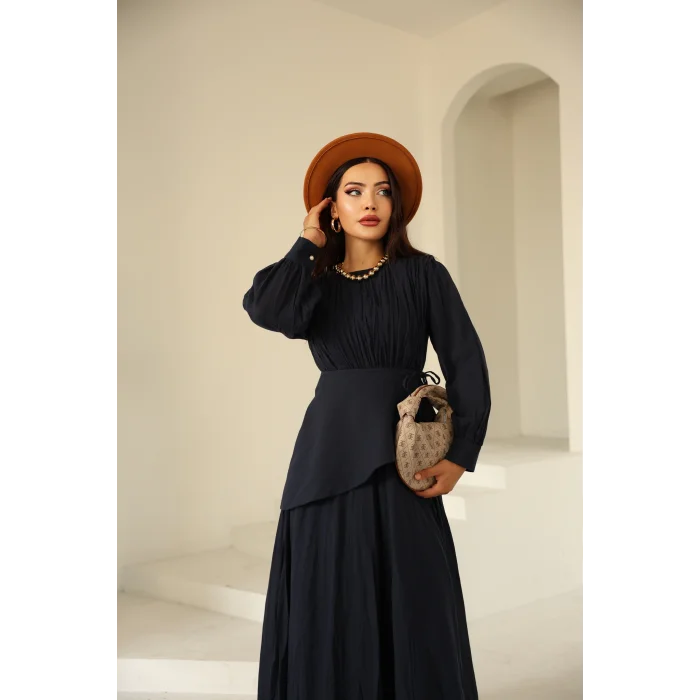 Kraşlı Vual Elbise Lacivert